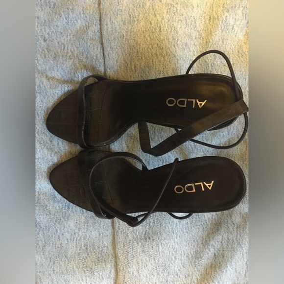 Elegant Black Classic Leather High Heel Straps Aldo Evening Dress Up Sandals - Picture 3 of 7